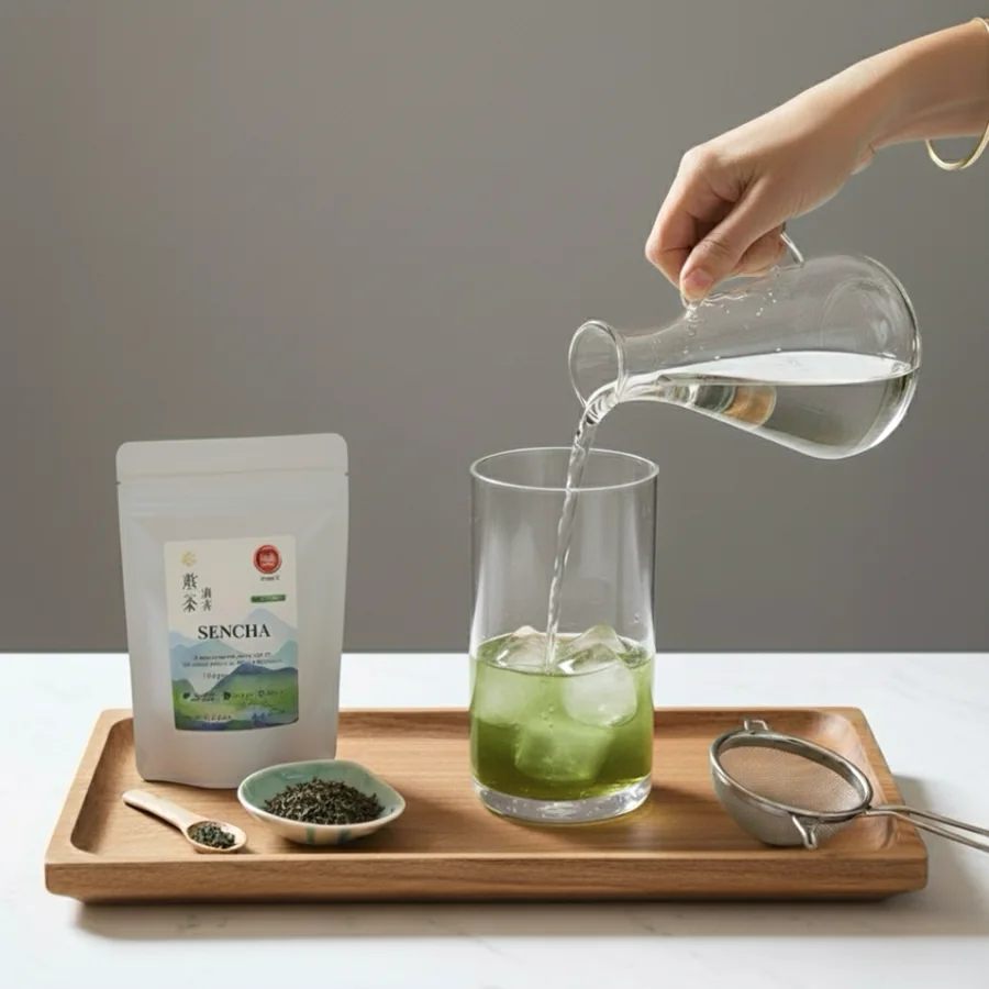 Sencha Morika ชงเย็นในแก้วพร้อมซองสินค้า