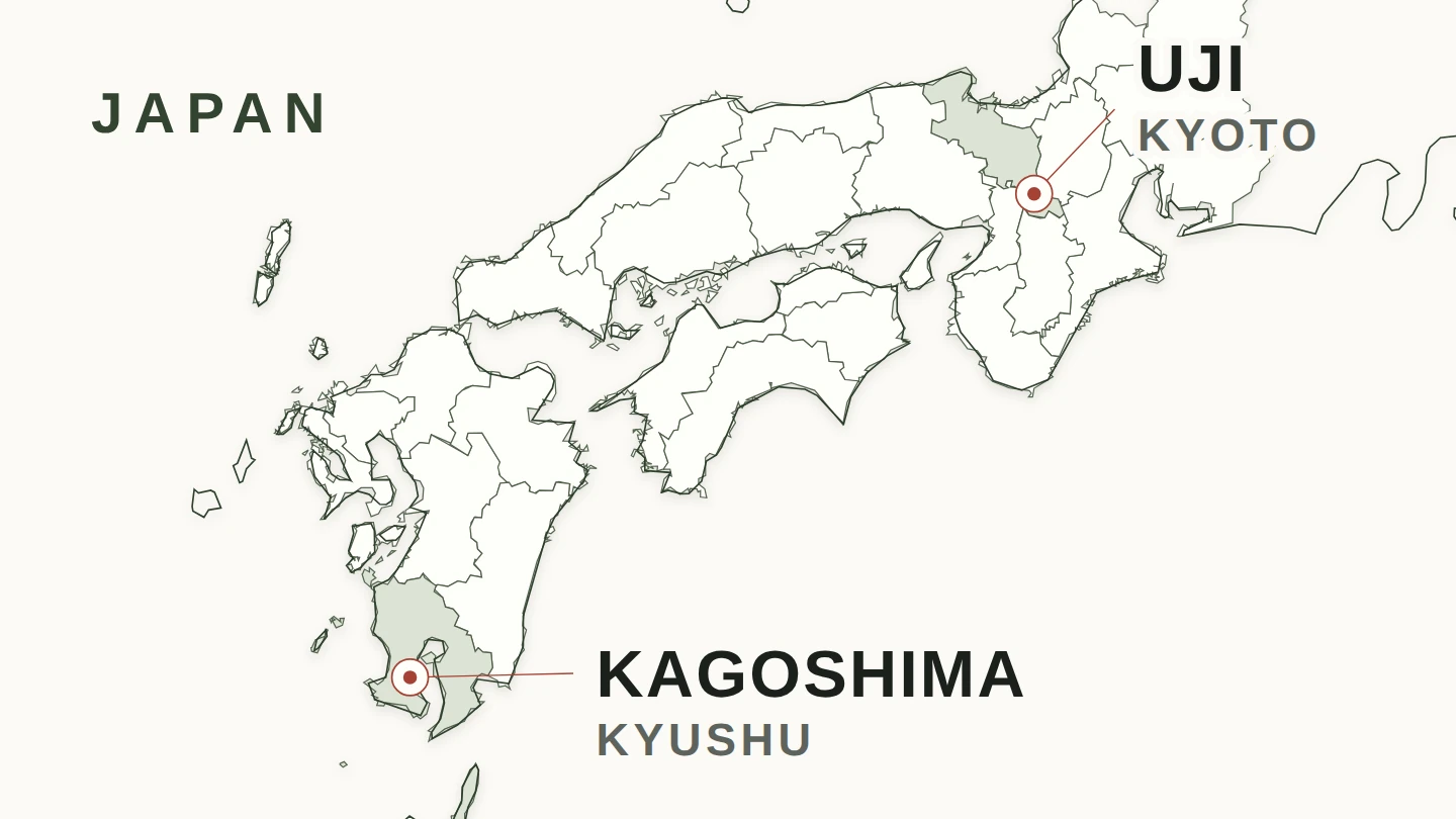 แผนที่ประเทศญี่ปุ่นพร้อมเส้นแบ่งเขตและจุดระบุ Uji จังหวัด Kyoto และจังหวัด Kagoshima